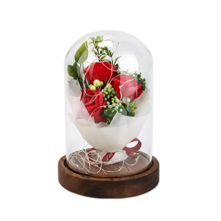 Rosas en Cupula con Luz, La Bella y la Bestia, Rosa de Seda roja con luz LED, Elegante Cúpula de Cristal con Base Pino para la decoración del hogar, Regalo de Navidad, Boda Cumpleaños Día de San Valentín - 1