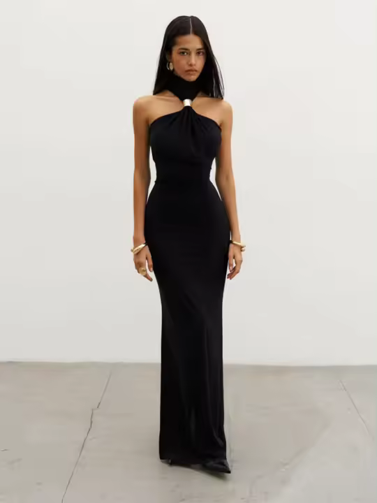 Vestido Maxi Sin Mangas De Haltera Sisterlinda Para Mujer Elegante Y Clásica De Cuello Erguido Ajustado Hasta La Rodilla Vestido Largo De Noche De Moda De Verano - 1