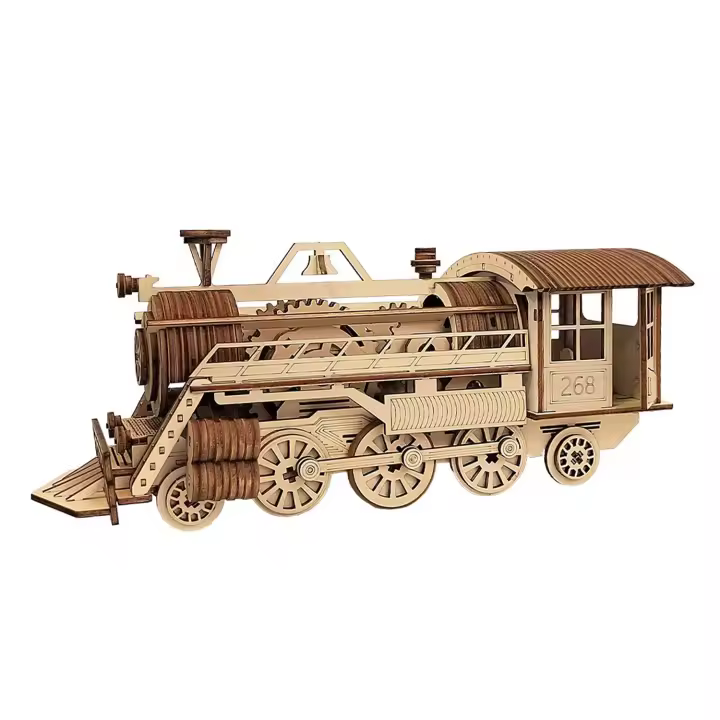 DAM. Maqueta de Madera 3D, con movimiento mecánico diseño de Tren de Vapor. 252 piezas. 30x11x12cm. - 1