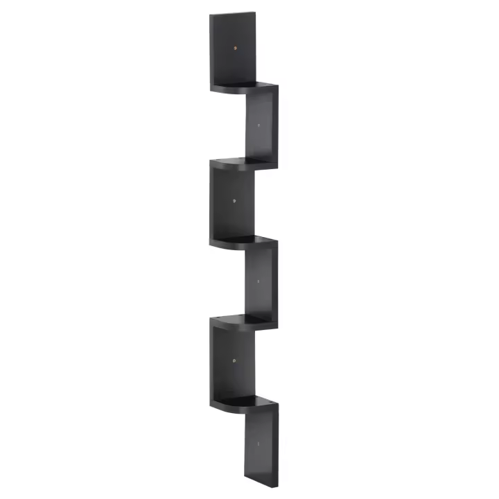 HOMCOM Estantería de esquina de pared de 5 niveles, altura 120 cm, madera negra, forma de zigzag - 1
