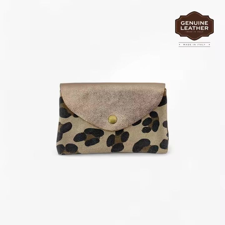 Cartera con estampado de leopardo，Piel de ante,, monedero ,tarjetera, billetera brillante,larga de cuero Granulado ,Piel Vacuno, hecho en Italia, piel auténtico,accesorio trendy ,vintage,,regalo para mujer - 1
