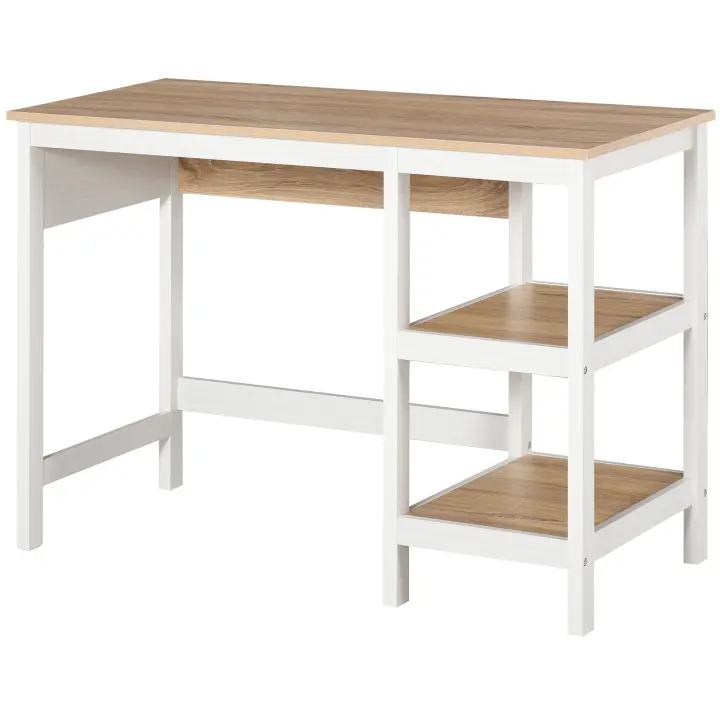 HOMCOM Escritorio multimedia dim. 110L x 48W x 76H cm 2 estantes laterales MDF E1 roble claro Blanco - 1