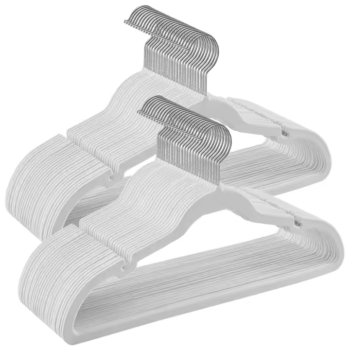 SONGMICS Perchas de Terciopelo, Juego de 50 Piezas, Antideslizantes, Ranuras para Hombros, Barra para Pantalones, Gancho Giratorio 360°, 0,6 cm de Grosor, 43 cm Largo, Gris/Negro Clásico/Rosa Claro/Blanco Clásico - 1