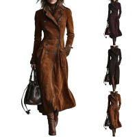 Abrigo De Trench Mujer Chocolate Cuero Double-Breasted Largo Elegante Para Oficina Y Salida Estilo Trendy 2026 Cierre Único Bolsillos - details 0