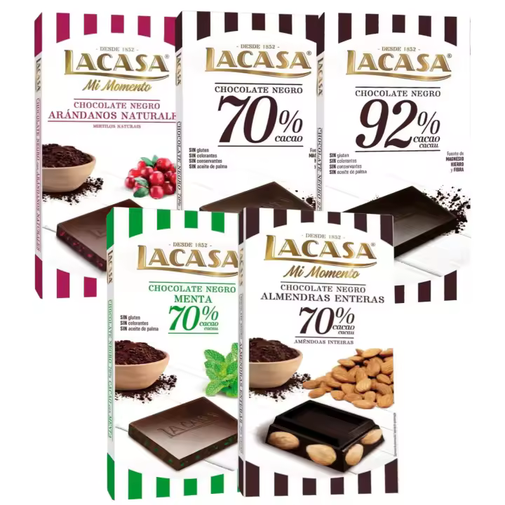 Pack Lacasa 5 deliciosas tabletas de chocolate de distintos sabores y tamaños: arandanos ,negro , menta ,cacao 92% , almendra 200g - 1