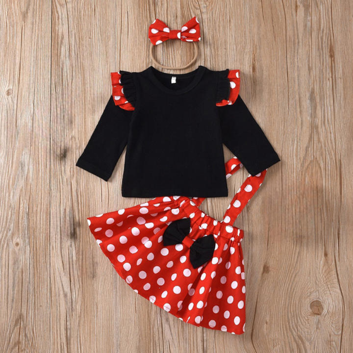 Conjunto De Ropa Para Niña 2024 Con Diadema Vestido De Cosplay Con Puntos Color Negro Rojo Minnie Accesorio De Cabello Talla 4-6Años