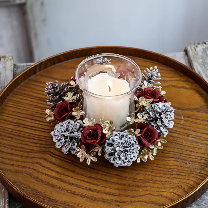 1Pc Guirnalda De Navidad Con Pino Y Vela Anillo De Flores Artificiales Decoración Para Mesa De Fiesta En Casa - 1