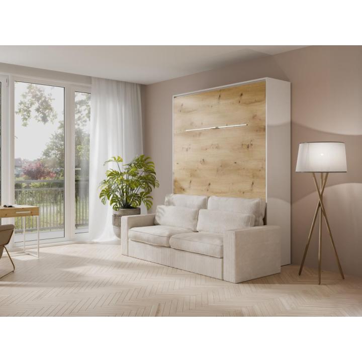 Vente-unique - folding bed 140 x 200 cm - manual vertical opening - with leds - white and natural + mattress + sofa - rapili