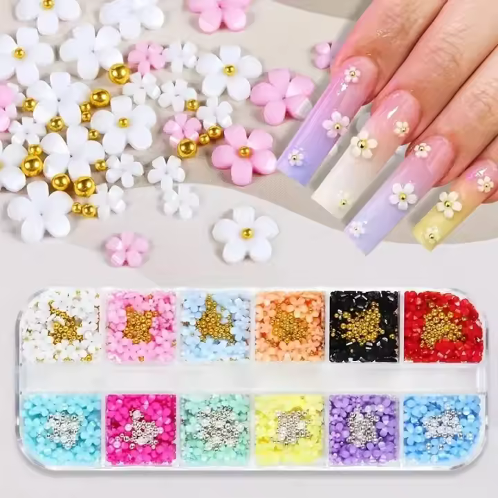 Adornos De Uñas 3D Flores Cinco Pétalos Colores Acrílicos Para Arte De Uñas Pack De 12 Cajas De 12 Piezas Por Caja - 1