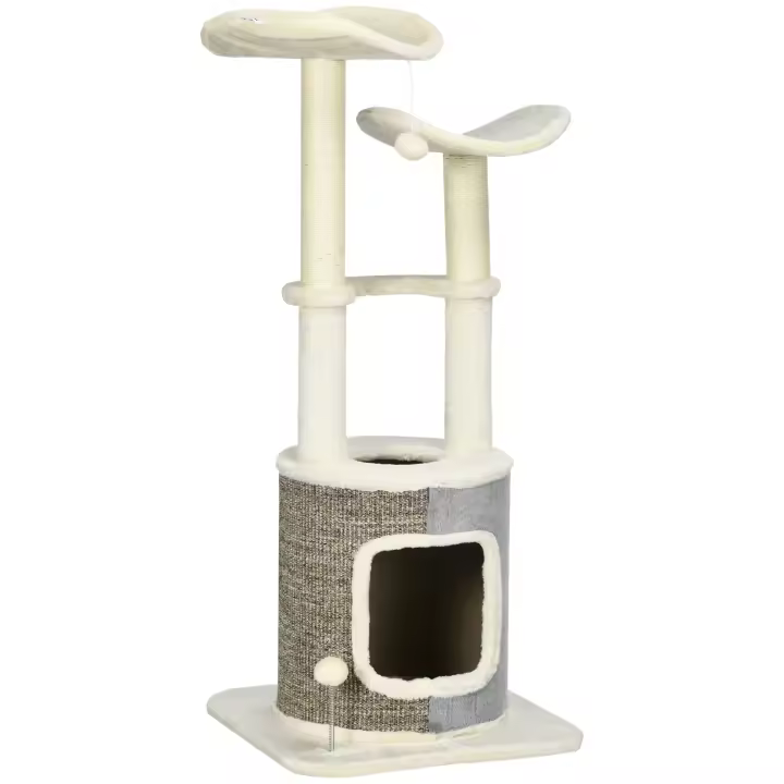 PawHut Árbol Rascador para Gatos Torre para Gatos Altura 110 cm con Caseta de Felpa Plataformas Postes de Sisal y Pelotas de Juguete 48x48x110 cm Crema y Gris - 1