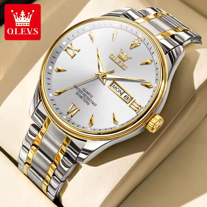 Reloj De Hombre Clásico OLEVS 9806 Escala Romana Con Fecha Y Día De La Semana Acero Inoxidable Resistente Al Agua Para Negocios - 1