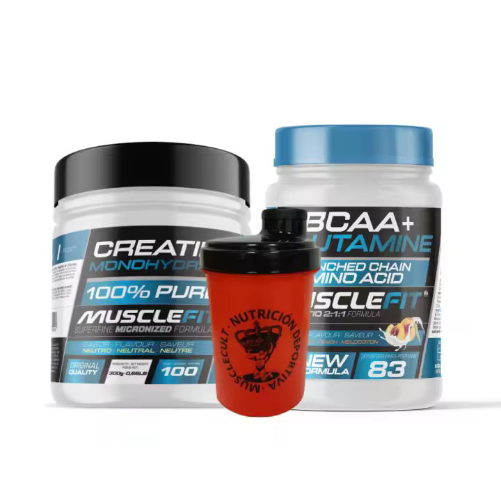 MUSCLEFIT Pack Ahorro Glutamina + Bcaa´s 500g - Varios Sabores + Creatina Monohidrato 300g - Sin Sabor + Shaker - Regalo - 1