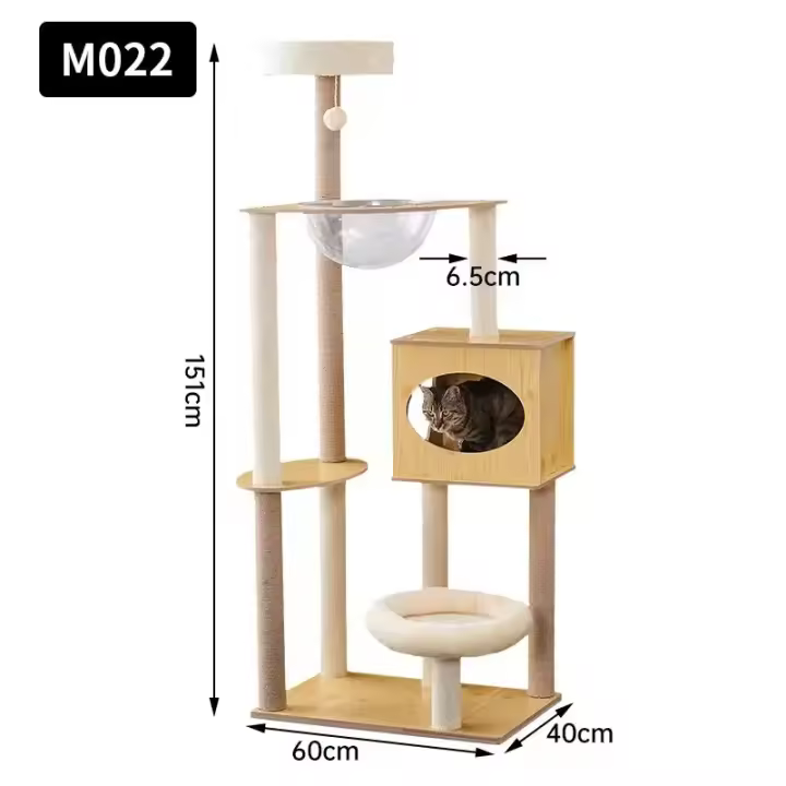 Torre para Gatos con Casa, Hamaca y Plataformas, 151 cm Alto x 60 cm Ancho x 40 cm Profundo, Color Natural - 1