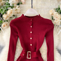 Vestido REALEFT De Punto Para Mujer Con Cuello Alto Y Mangas Largas Estampado Sólido Estilo Casual Vestido De Abrazo Largo Hasta La Rodilla Para Otoño E Invierno - details 12