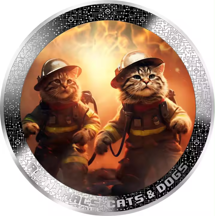 Bombero gatos AI-NIMALS Gatos Bomberos 1 Oz Moneda Plata 1000 Francos Camerún 2025 - 1