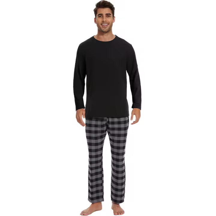 Conjunto De Pijamas Para Hombre Con Cuello En O Manga Larga Estilo Diario De Alta Calidad Color Sólido Y Rayado Pantalones De Pijama De Alta Calidad - 1