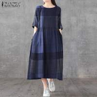 Vestido Midi De Lino Y Algodón ZANZEA Para Mujer Estilo Vintage Cuadros Manga Corta Cuello Redondo Vestidos Casual Verano Con Bolsillos Longitud Hombro a Hombro - details 10