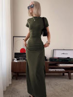 Vestido Maxi Bodycon Dulzura Con Cuello En 'O' Manga Corta Y Abertura En El Lado Elegante Y Ajustado Para Mujer Streetwear Otoño Invierno - details 14