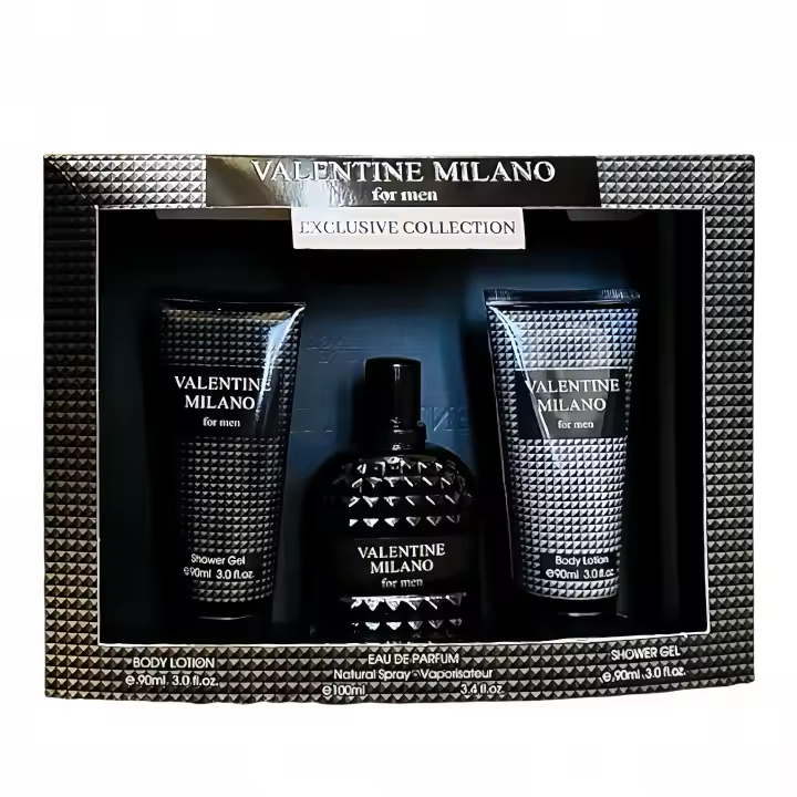 ESTUCHE 3 PIEZAS  - VALENTINE  MILANO MEN 100ML -  BODY LOTION 90ML -  SHOWER GEL 90ML  - MARCA Fragance Coutour - el mejor regalo - 1