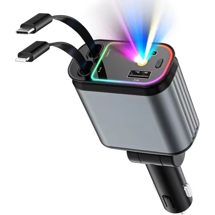 Transmisor FM Bluetooth Coche,4 en 1 Cargador de Coche Retráctil, 66W Cargador Coche Mechero Carga Rápida USB C, Tipo C y 2 Puertos USB Car Charger con Luz Estrella Compatible con Samsung Galaxy, iPhone, Xiaomi (Gris) - 1