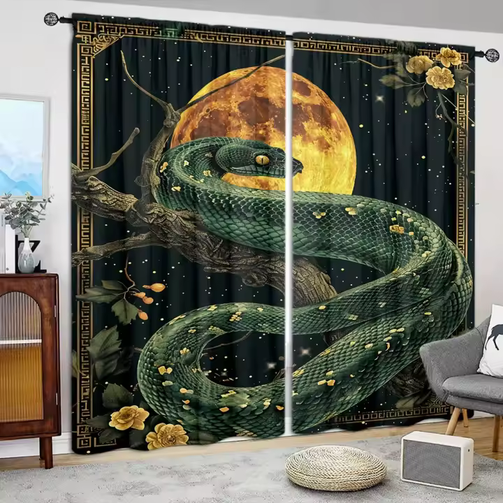 2pcs Cortina Con Estampado De Luna Y Serpiente Para Decoración Del Hogar Tratamiento De Ventana Para Dormitorio Oficina Cocina Sala De Estar Y Estudio 100% Poliéster - 1