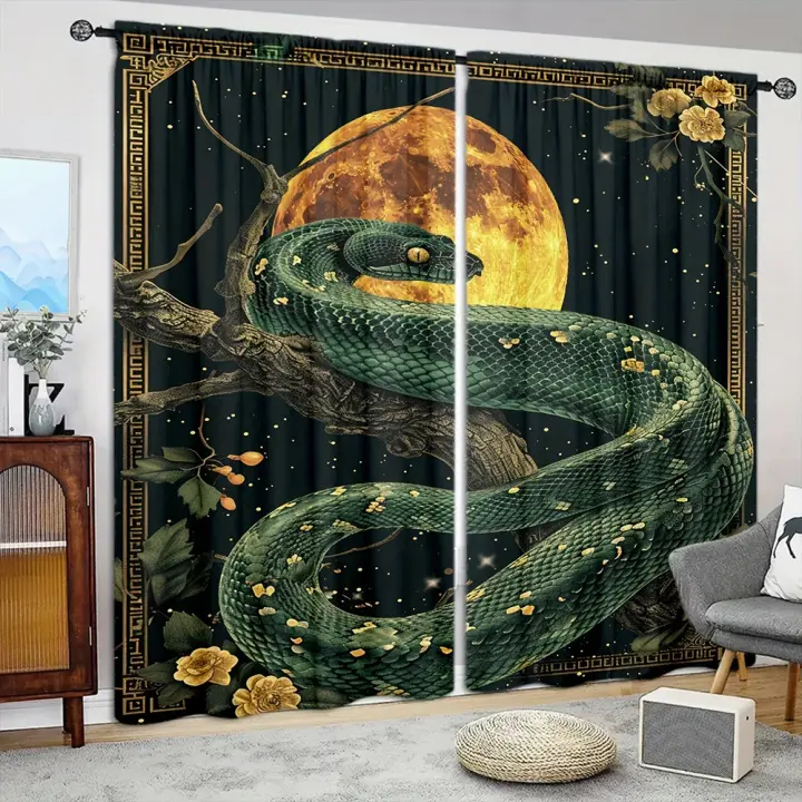 2pcs Cortina Con Estampado De Luna Y Serpiente Para Decoración Del Hogar Tratamiento De Ventana Para Dormitorio Oficina Cocina Sala De Estar Y Estudio 100% Poliéster - 1