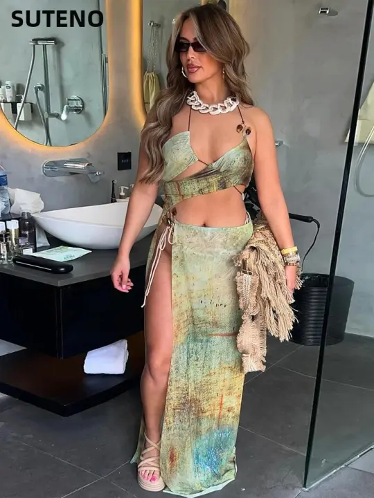 Conjunto De Dos Piezas Aesthetic Impreso Para Mujer Halter Bandage Irregular Camis+High Side Split Maxi Skirt Ropa De Vacaciones Sexy Y Club Sin Mangas De Verano - 1