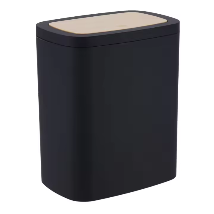 Baños Boutique Cubo de basura rectangular de plástico de 3 litros, papelera delgada para baño (negro/bambú) - 1