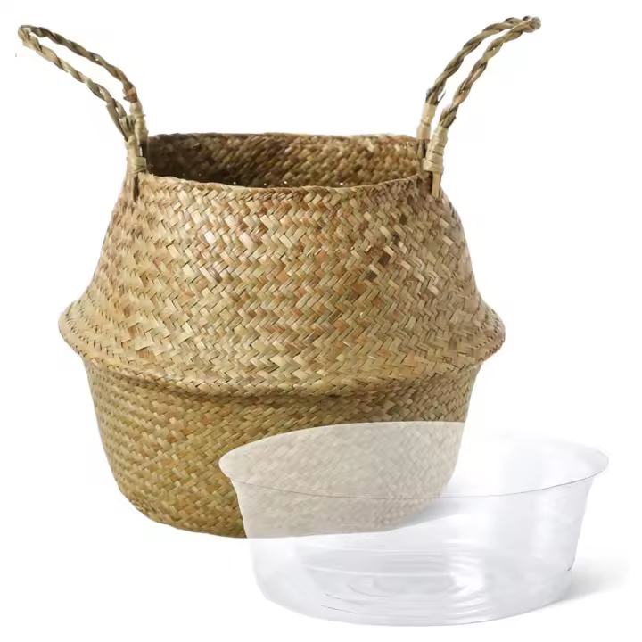 Cesta de plantas con forro, Cestas tejidas de vientre de algas marinas, árbol Artificial decorativo, bolsa de paja de almacenamiento para Picnic y comestibles - 1