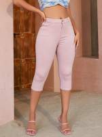 Pantalones Capri De Mujer Cintura Alta Elásticos Para Primavera Y Verano Estilo Casual Detalles De Botón Y Bolsillos Talla Fina - details 5