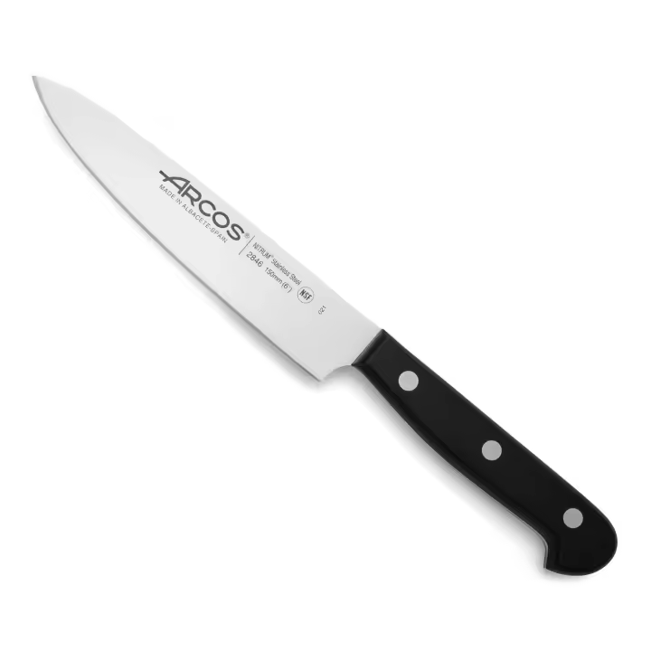 Arcos Cuchillo Chef Acero Inoxidable. Cuchillo cocina para cortar y pelar alimentos pequeños. Mango ergonómico polioximetileno y Hoja 150 mm. Serie Universal. Color negro. - 1