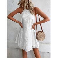 Vestido Vintage Floral Sin Mangas Para Mujer Elegante Blanco A-Line Corto Verano Halter Sin Capucha Vestido Casual De Rodilla - details 1