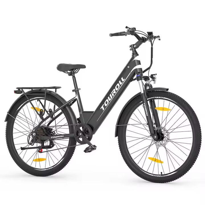 Touroll J1 ST Bicicleta de Trekking de 27.5 pulgadas con Motor de 250W, Batería de 36V 15.6Ah, Rango Máximo de 100km, Pantalla LCD de 1.8", Freno de Disco Shimano de 7 Velocidades, Luces de Bicicleta Certificadas StVZO - Negro - 1