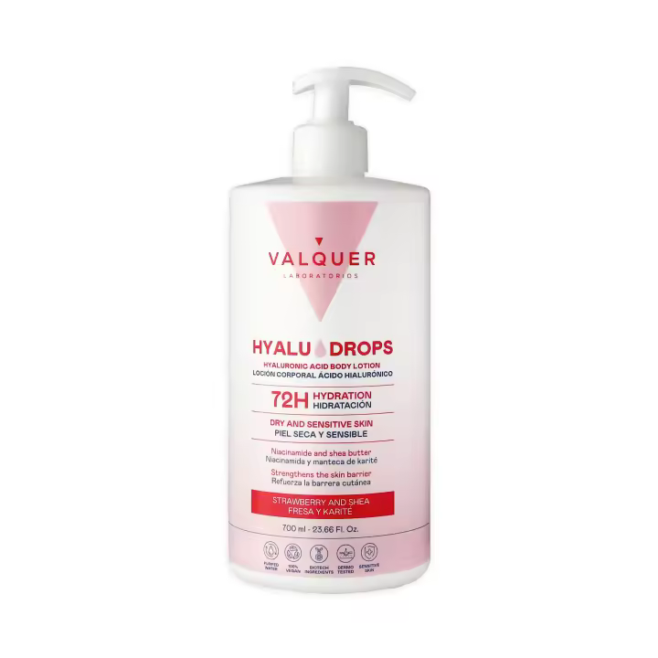 Valquer Laboratorios Hyaludrops Crema Hidratante Corporal Fresa y Karité. Loción para Piel Seca y Sensible, Hasta 72 Horas de Hidratación. 700 ml - 1