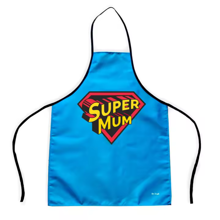 Dr. Troll Delantal Super Mum con el fondo de color azul y escudo de superheroína - 1