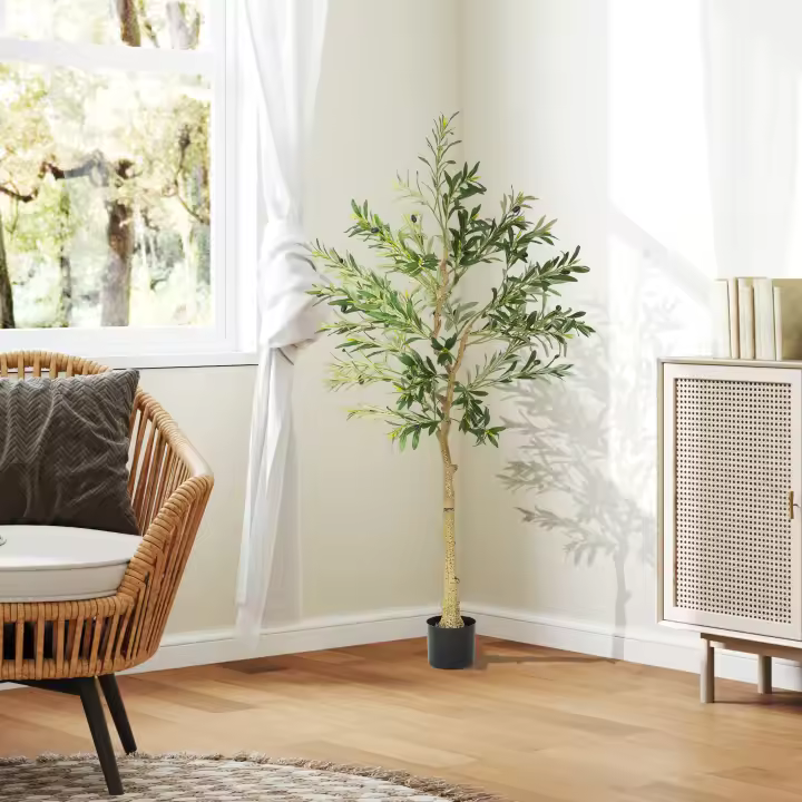 HOMCOM Olivo Artificial 150 cm Planta Artificial Decorativa Grande Árbol Artificial de Interior con 32 Aceitunas Decoración para Hogar Oficina Balcón Dormitorio Verde - 1