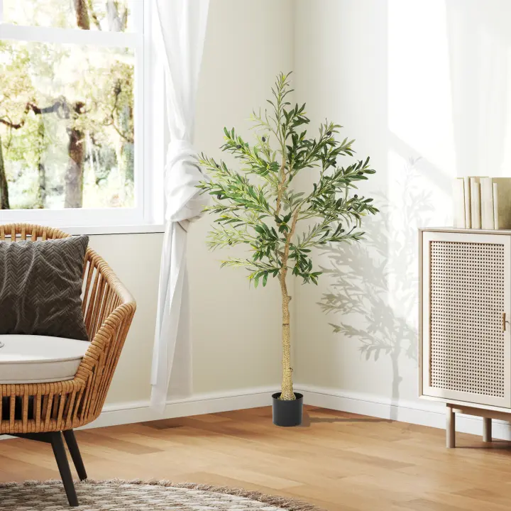 HOMCOM Olivo Artificial 150 cm Planta Artificial Decorativa Grande Árbol Artificial de Interior con 32 Aceitunas Decoración para Hogar Oficina Balcón Dormitorio Verde - 1