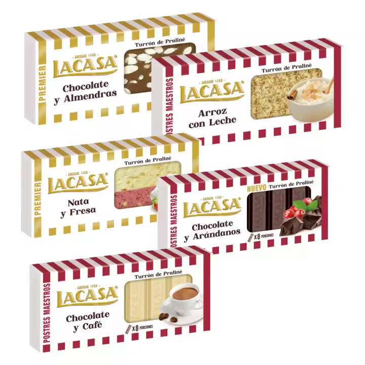 Turrones Lacasa: 5 tabletas de Turron variadas: Chocolate y almendra, Arroz con leche, Chocolate y arándanos, Chocolate y café y Nata y fresa - 1