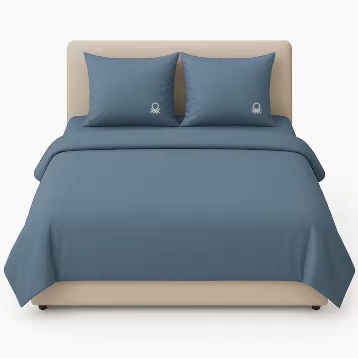 Set 3pc cama (Funda nórdica 260x240cm + 2 Fundas de almohada 63x63cm) en azul oscuro y beige 70% Algodón+ 30% Poliéster - 1