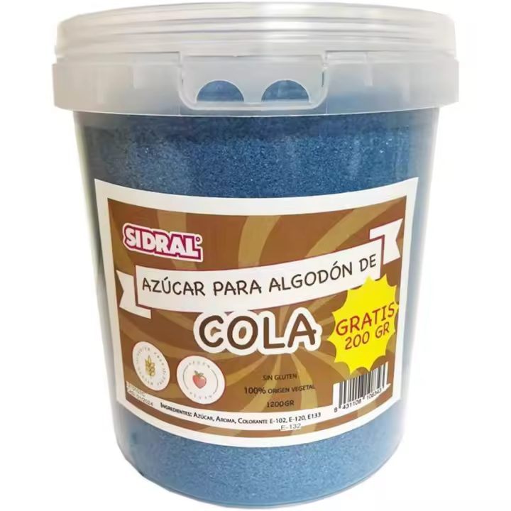 SIDRAL Cola- Algodón de Azúcar 1200 gr (200gr. GRATIS) - Azúcar Aromatizado de Cola Natural - Azucar de Cola - Ideal para Postres - 1