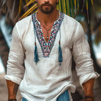 Camisa De Hombre Estilo Étnico Primavera Otoño Moda Impresión Cuello En V Manga Larga Tamaño Grande 3XL Top Casual Con Borlas - details 1