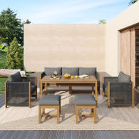 Juego de Mesa de Comedor de Jardín, juego de tumbonas de Jardín, 6 piezas. Juego de muebles de Jardín, sofá para tres plazas, 2 sofás individuales, 2 taburetes, de Comedor Mesa, tablero de Madera de Acacia, Gris - details 0