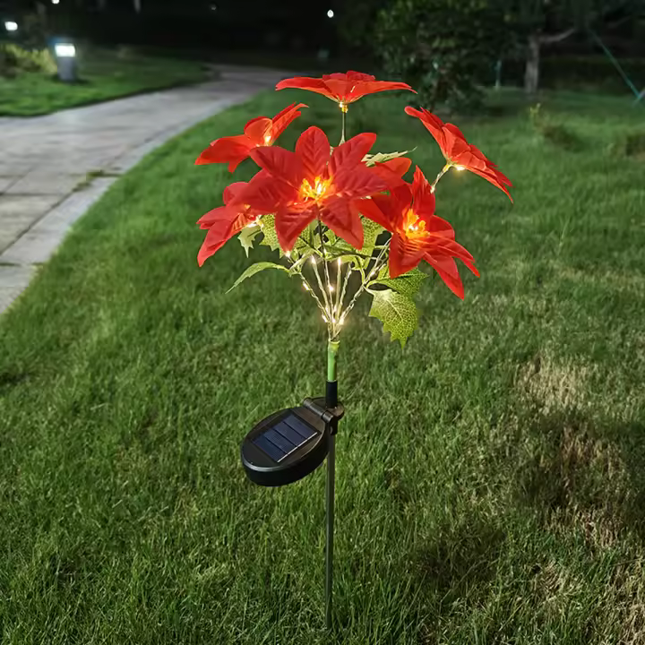 Lámpara Solar De Navidad En Forma De Flor Roja Decoración De Jardín Y Césped Con Luz LED De Color Calido Flor Poinsettia - 1