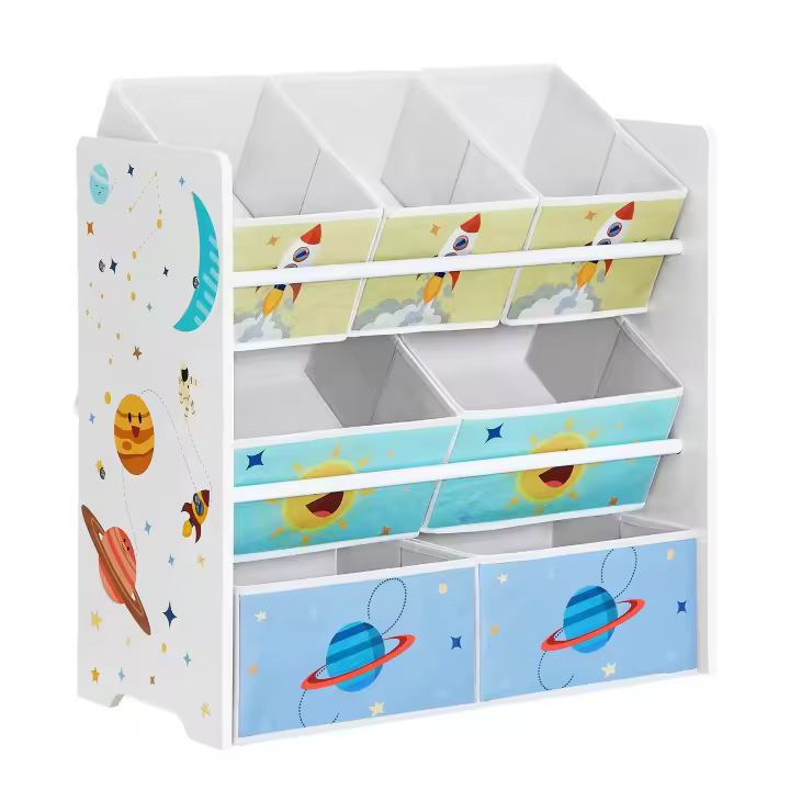 Estantería infantil con 7 cajas de tela, librería y organizador de juguetes, blanco, gris tórtola, 29,5x62,5x60 cm - 1