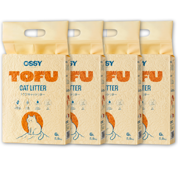 Arena de TOFU Pack x4 para Gatos Ossy 10Kg–24L Arena aglomerante para Gatos Sin químicos  Sin Fragancias Artificiales  99,98% Libre de Polvo Retención de Olores Desechable por el inodoro Tofu Cat Litter.
