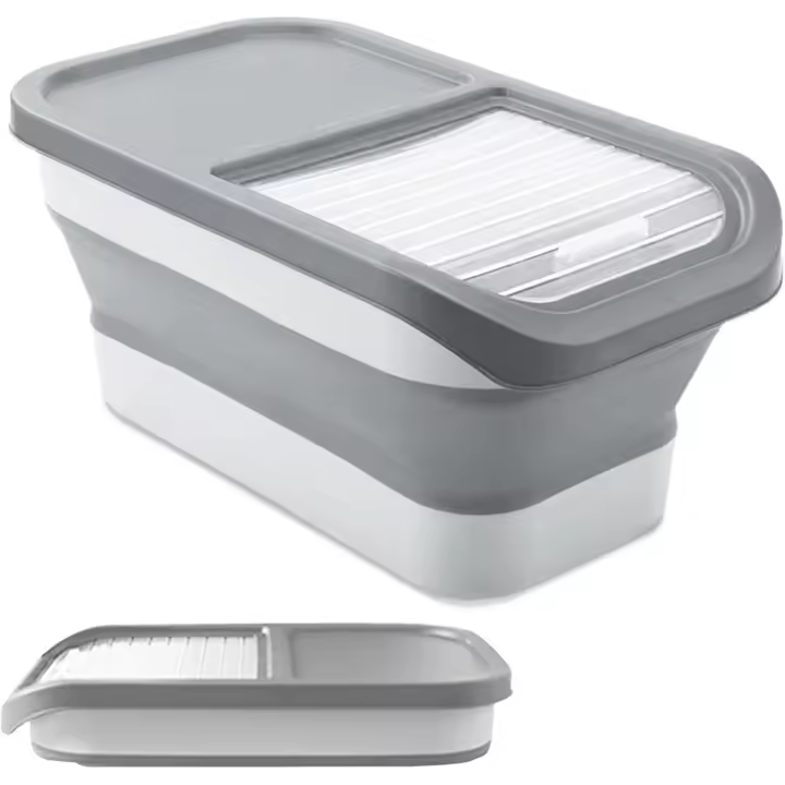 Contenedor de comida plegable para perros y gatos, con tapa hermética, recipiente para comida para mascotas con tazón plegable y cuchara medidora (gris) - 1