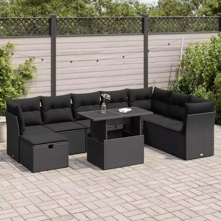 vidaXL Set de sofás de jardín con cojines 9 pzas ratán sintético negro - 1