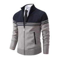 Chaqueta De Punto Para Hombre Con Cuello Erguido Y Cremallera Estilo Casual Thicken Fleece Caliente Suéter Con Patrón Rayado Abrigo De Invierno - details 5