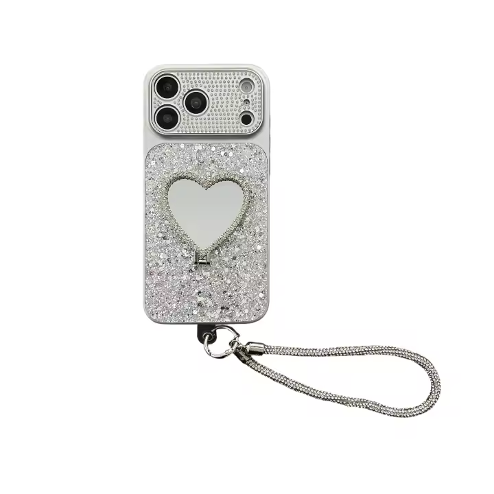 Funda De Teléfono Brillante Con Corazón Y Cordón Para iPhone 17 pro Max 16 Con Soporte Espejo Y Correa Protectora De Material TPU Diseño De Amor - 1