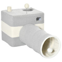 PawHut Túnel para Gatos con Cueva Tubo de Juguete para Mascotas con Orificio Superior Puerta Delantera Poste de Sisal y Bola Colgante 48x95x58 cm Gris - details 0